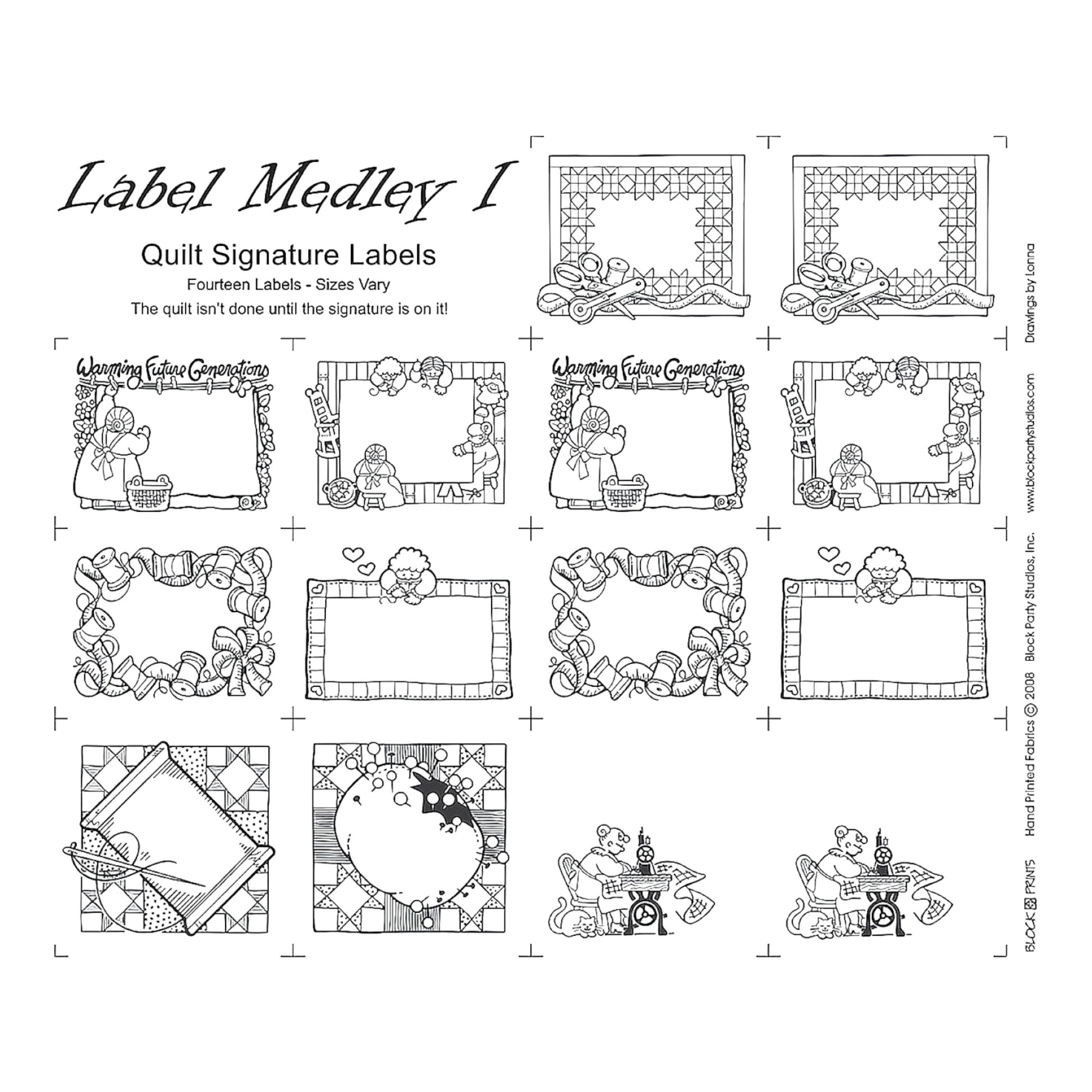 Medley Labels 1 Panel - White With Black Writing for patchwork, quilting and sewing