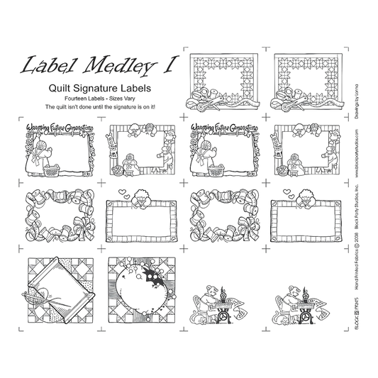 Medley Labels 1 Panel - White With Black Writing for patchwork, quilting and sewing