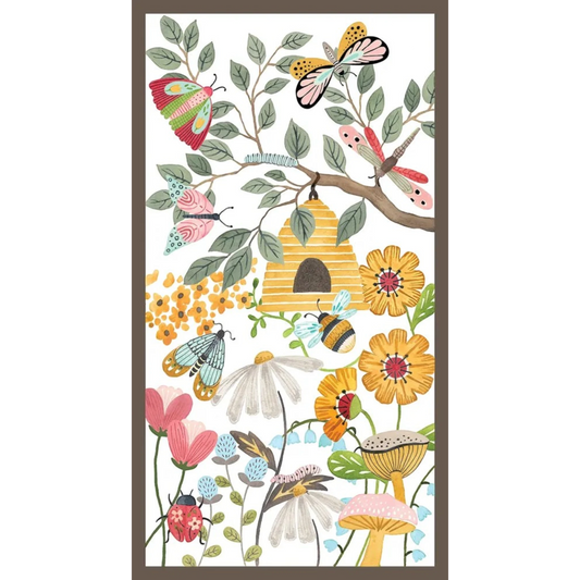 Nature’s Symphony Pale Yellow Panel Beehives & Flowers for patchwork, quilting and sewing