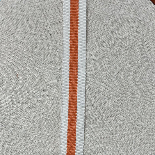 Belting 32 mm wide - Off White with Orange Centre Stripe for bag straps, bag making and sewing projects