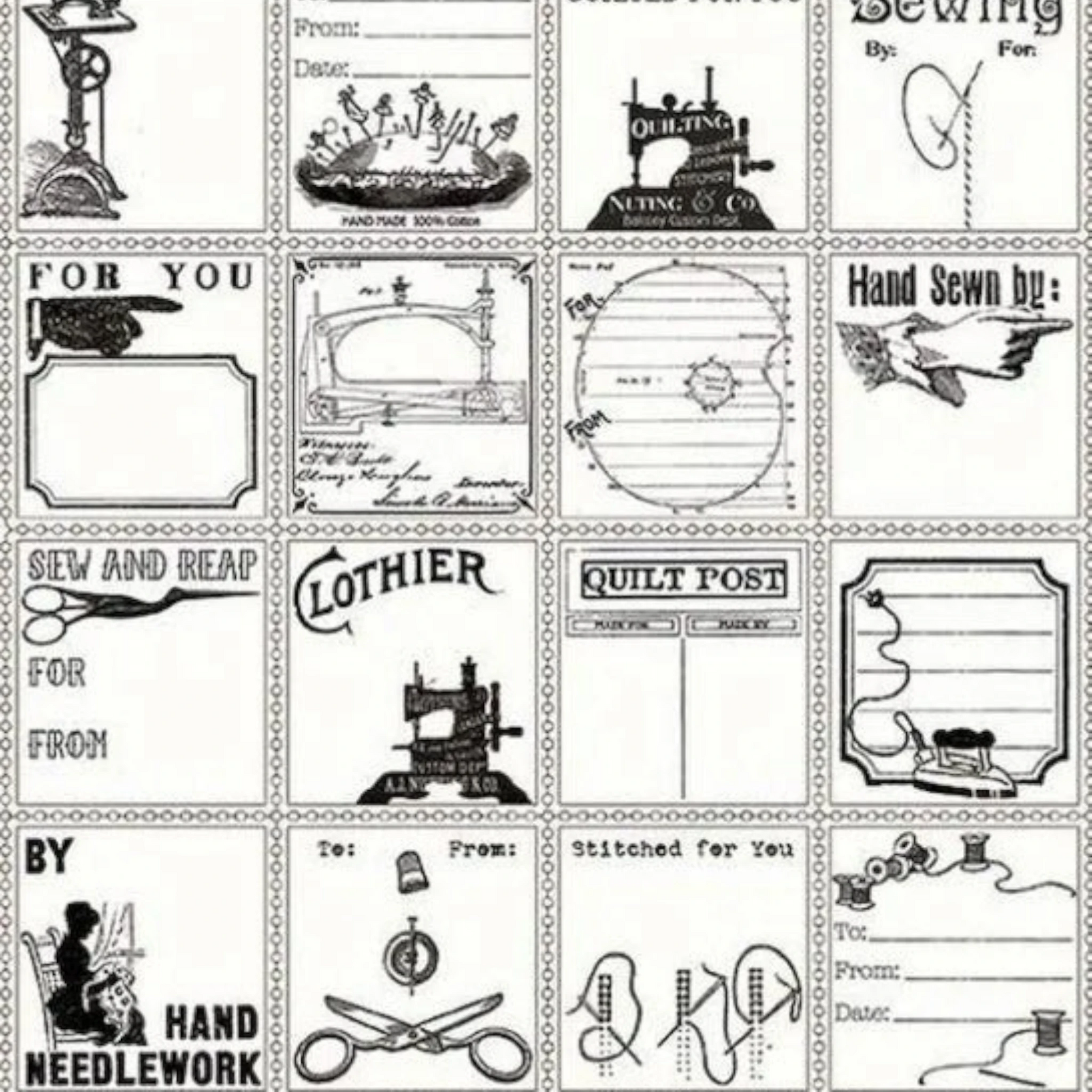 Quilt Labels Black Sewing Icons Panel for patchwork, quilting and sewing