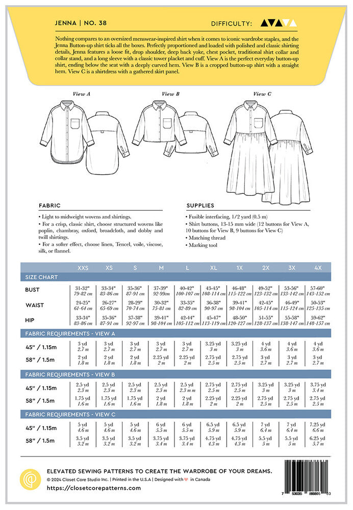 Jenna Button Up Shirt and Dress Pattern for garments, sewing and craft projects