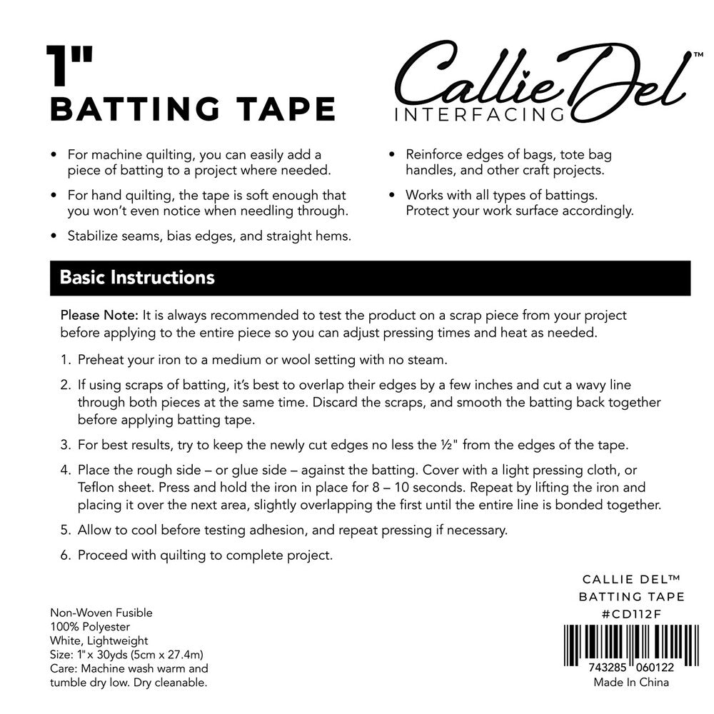Callie Del Batting Tape 25 mm x 30yds , quilting and structured projects