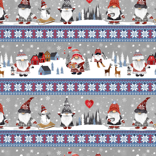 Grey Nordic Gnomes Border Stripes Christmas sewing and quilting product