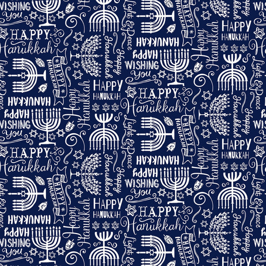 Navy Menorah & Happy Hanukkah Text Christmas sewing and quilting product