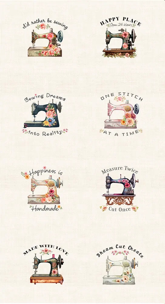 Happy Place - Cream Floral Sewing Machines Panel 610 mm for patchwork, quilting and sewing