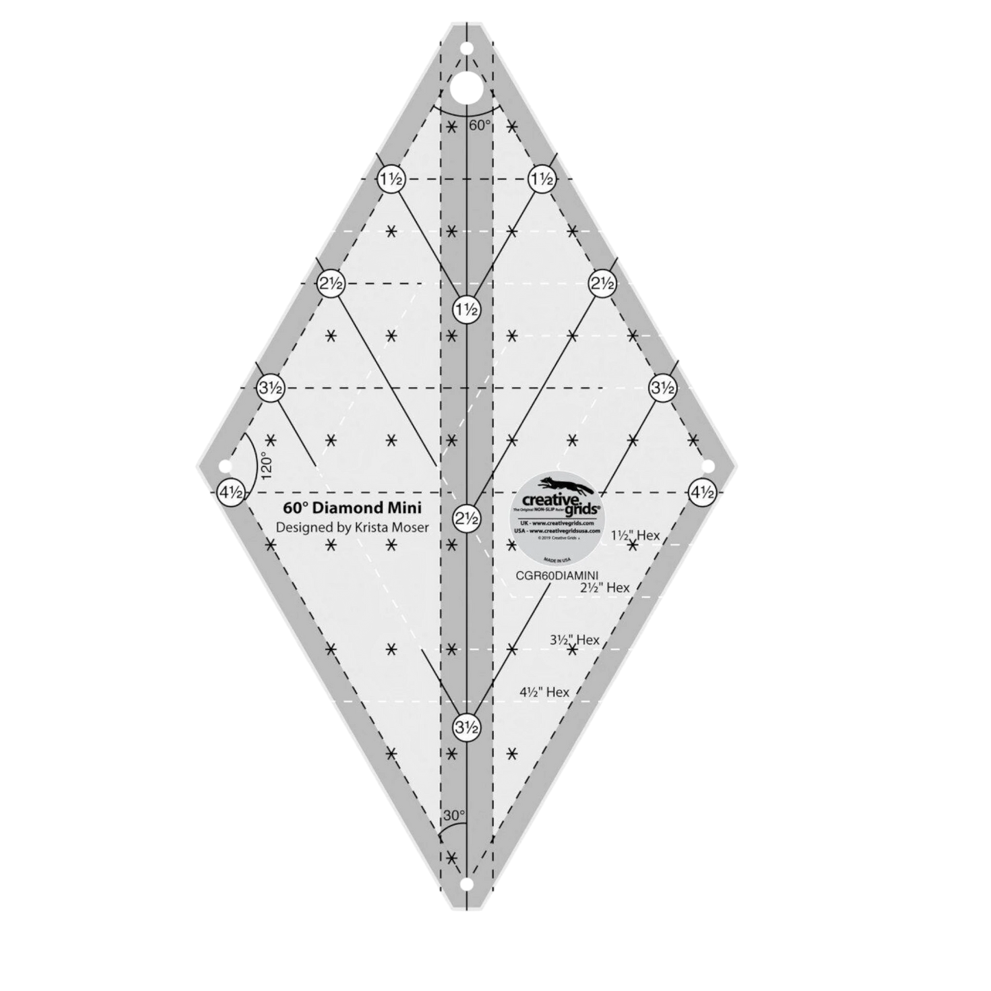 Creative Grids 60 Degree MINI Diamond Ruler - CGR60DIAMINI for precise cutting, marking and patchwork