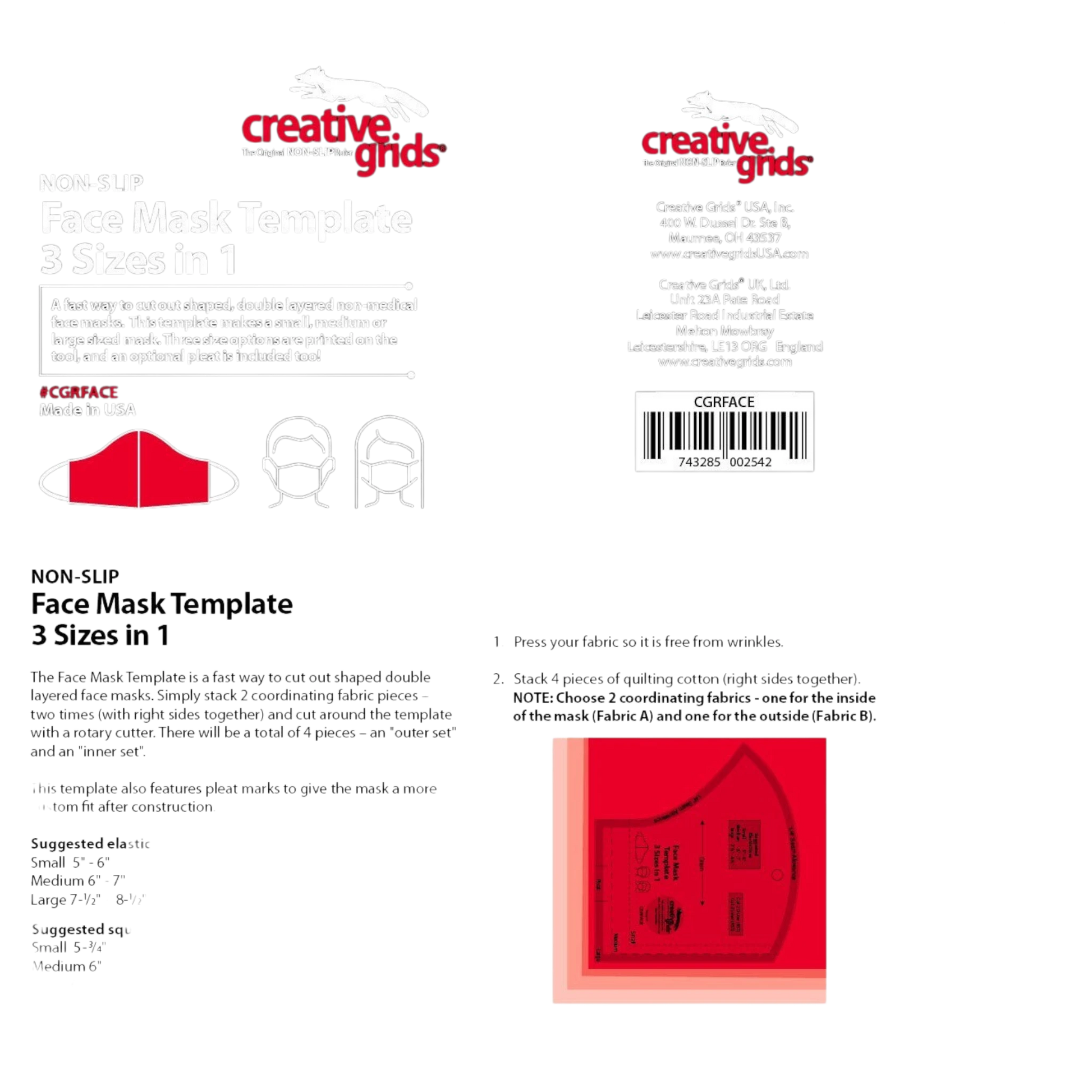 Face Mask Template 3 Sizes in 1 for precise cutting, marking and patchwork