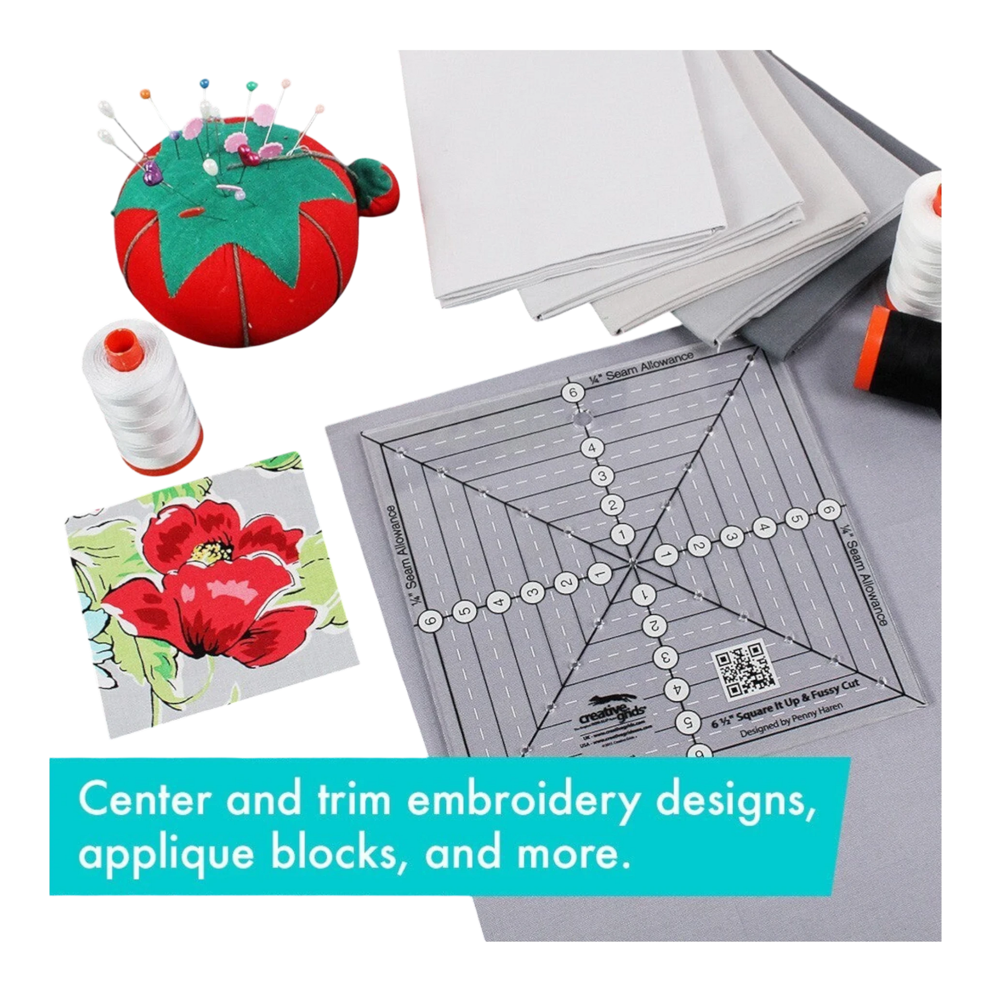 6-1/2in Square It Up or Fussy Cut Square Quilt Ruler for precise cutting, marking and patchwork