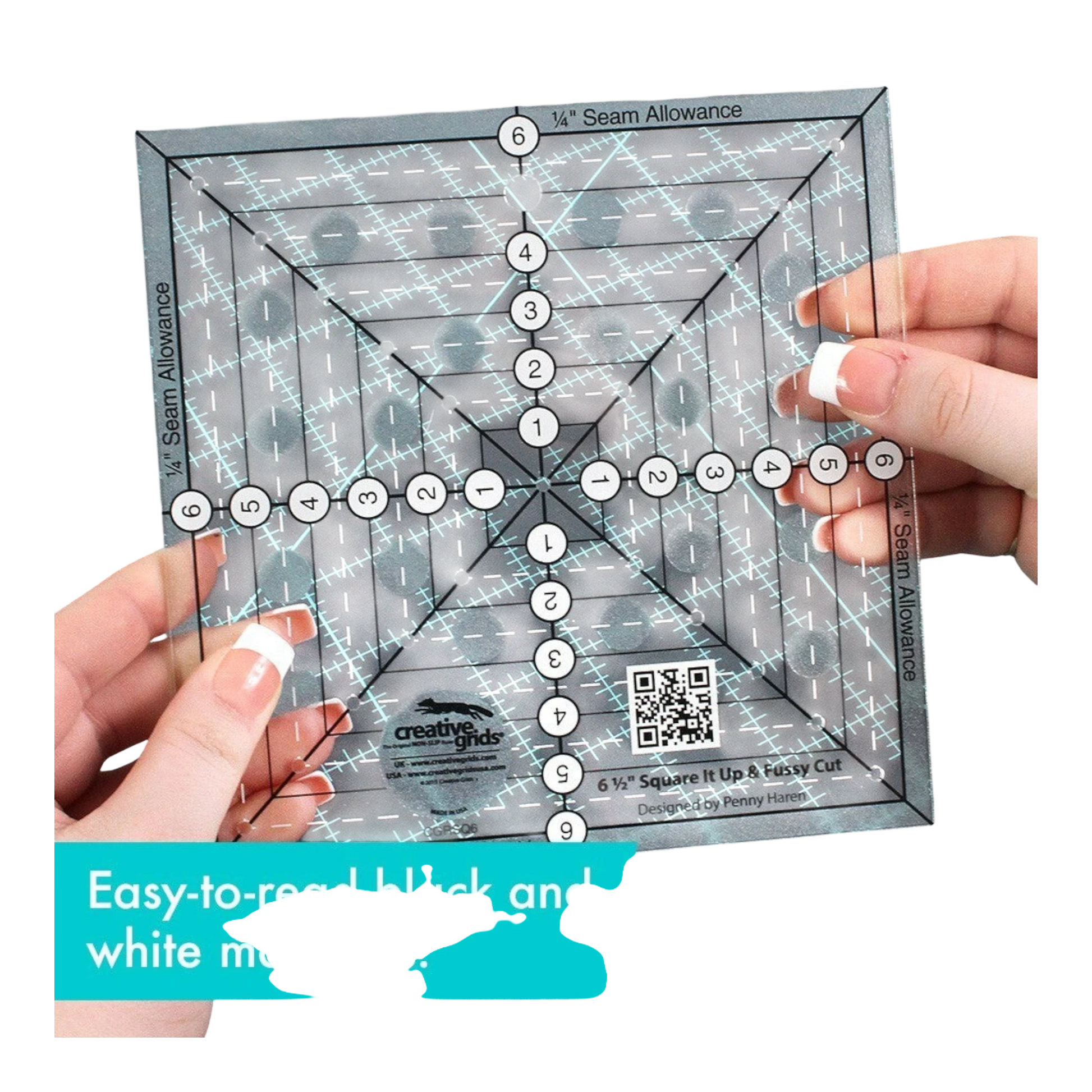 6-1/2in Square It Up or Fussy Cut Square Quilt Ruler for precise cutting, marking and patchwork