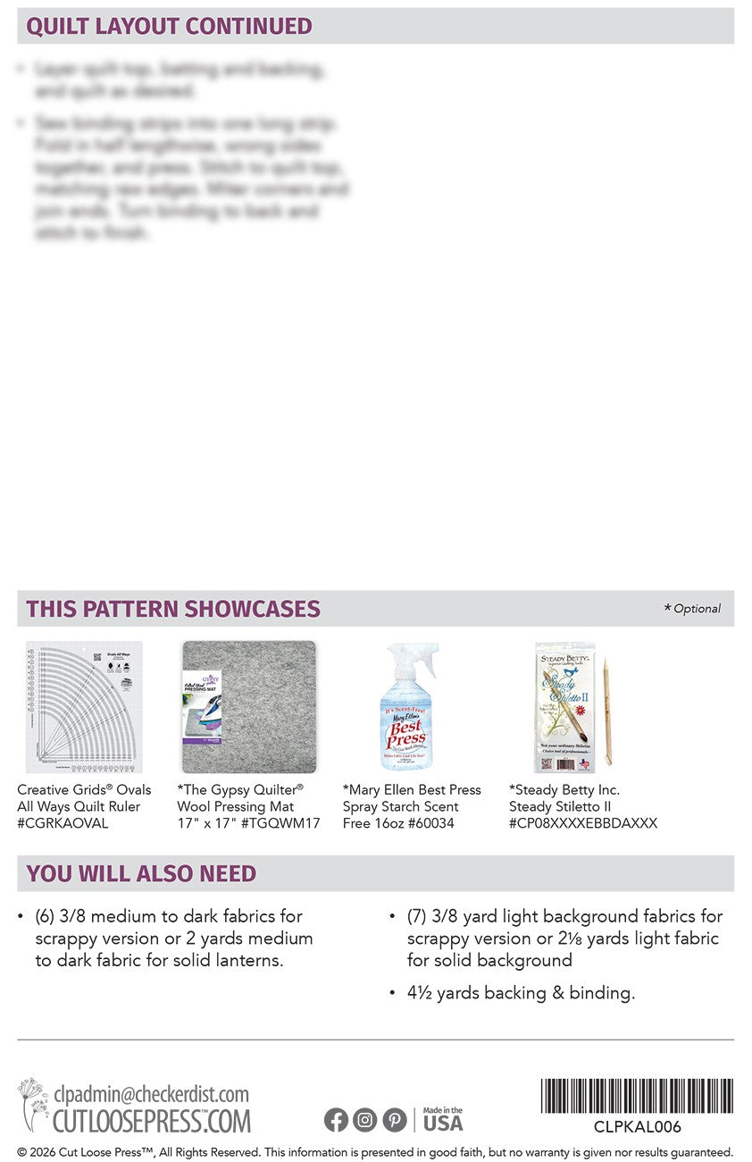 Capiz Lanterns Quilt Pattern by Cut Loose Press - back
