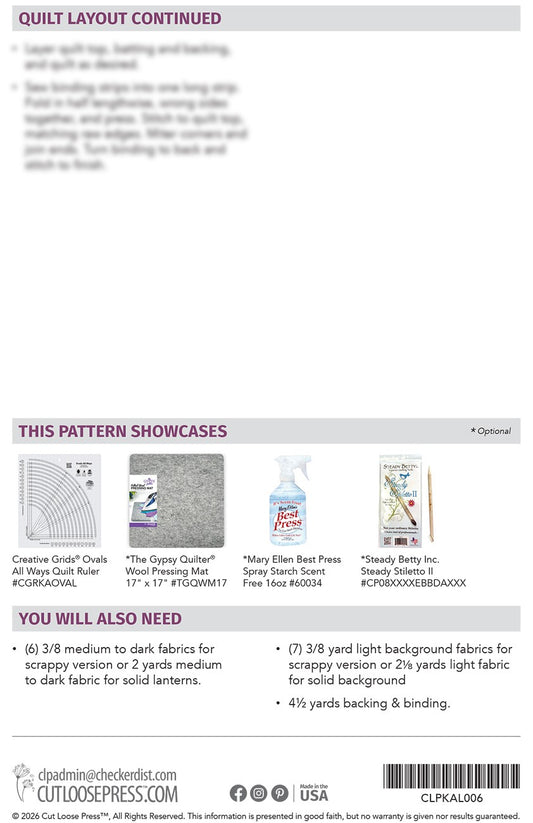 Capiz Lanterns Quilt Pattern by Cut Loose Press - back