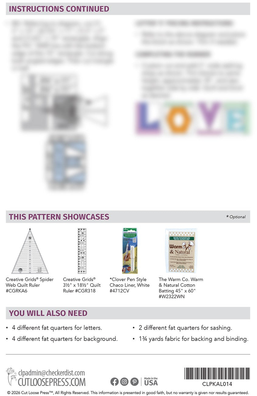 Crazy Love Table Runner Pattern by Cut Loose Press - back