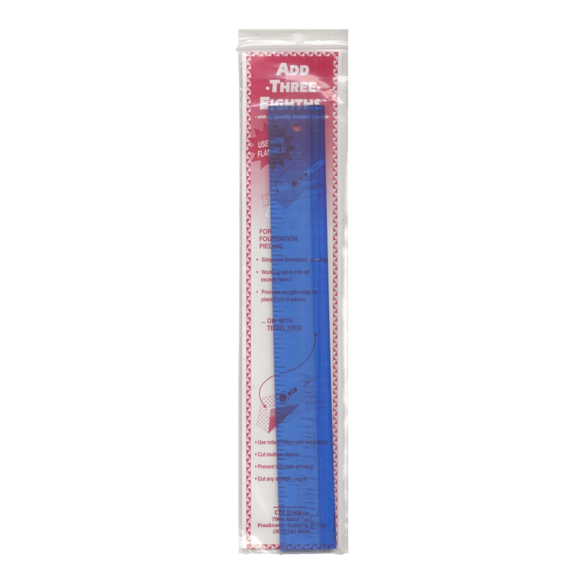 Add Three-Eighths Ruler 1 1/2in x 12in for precise cutting, marking and patchwork