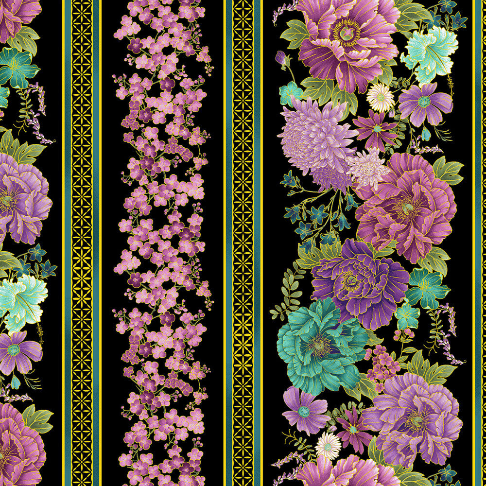 Shizuka - Black Asian Floral 279 mm Stripe Metallic sewing and quilting product