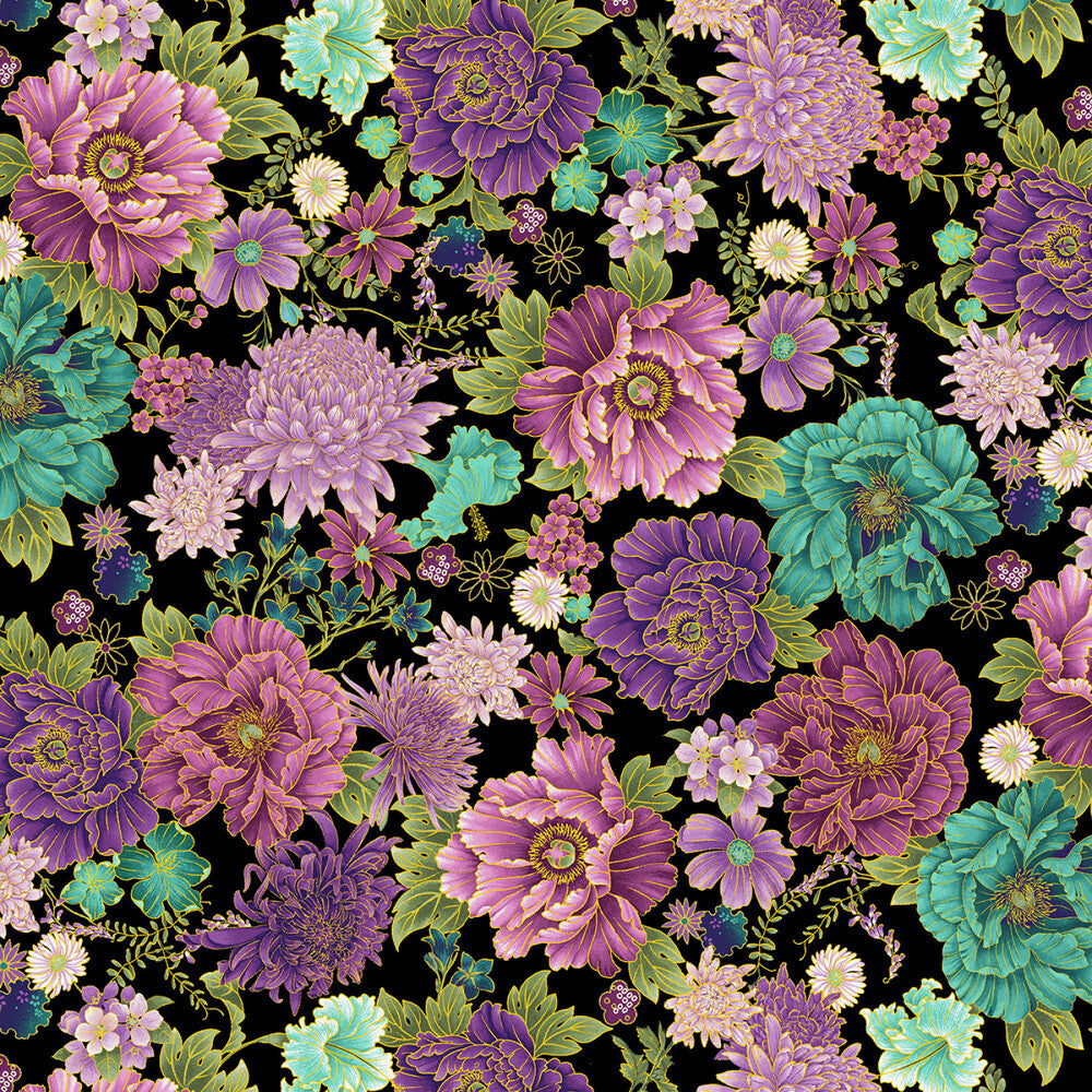 Shizuka - Black Packed Asian Floral Metallic sewing and quilting product