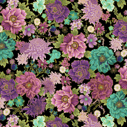Shizuka - Black Packed Asian Floral Metallic sewing and quilting product