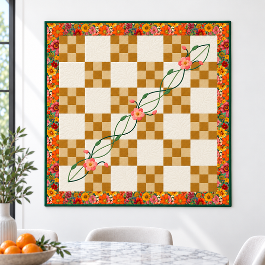 The Woven Garden Irish Chain quilt pattern by Carrie Newman – Floral Gold, full square quilt with all four borders visible