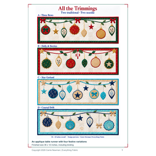 All the Trimmings Christmas table runner PDF by Carrie Newman - two traditional and two seaside arrangements