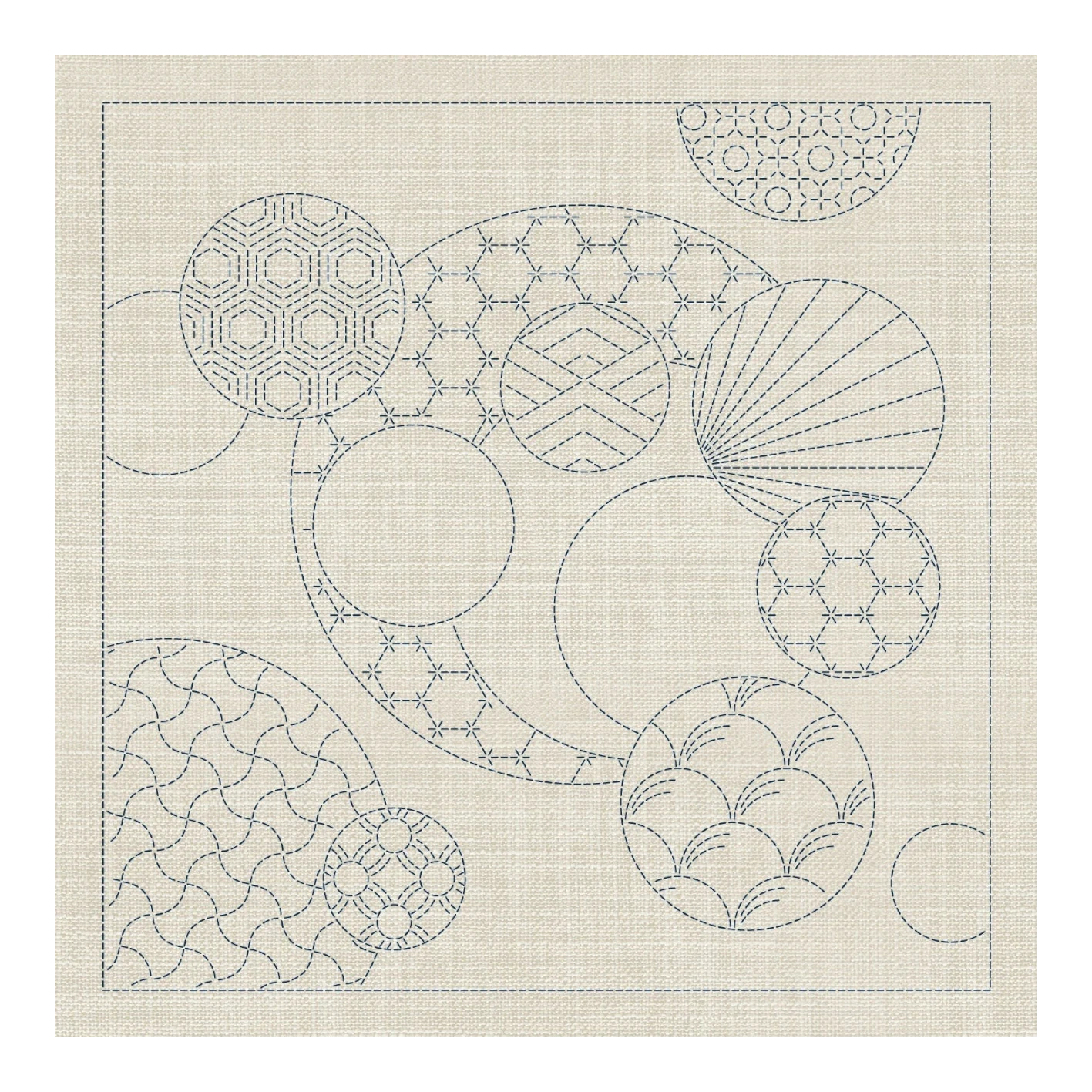 Sashiko Geometric Circles Collection – 3 Designs Cream