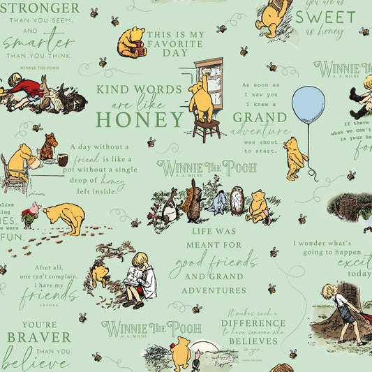 Flannel Winnie the Pooh Quotes Green for patchwork, quilting and sewing