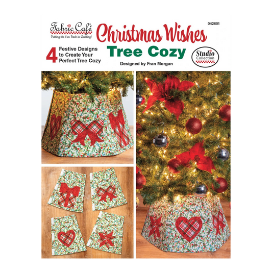 Everything Fabric Christmas Wishes Tree Cozy booklet showing festive fabric tree base covers with bow and heart motifs