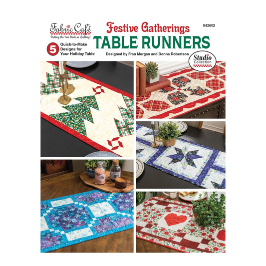 Everything Fabric Festive Gatherings Table Runners book featuring five Christmas-themed quilted table runner designs