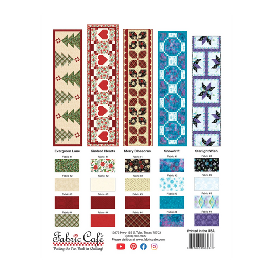 Everything Fabric Festive Gatherings Table Runners book featuring five Christmas-themed quilt patterns and fabric swatches