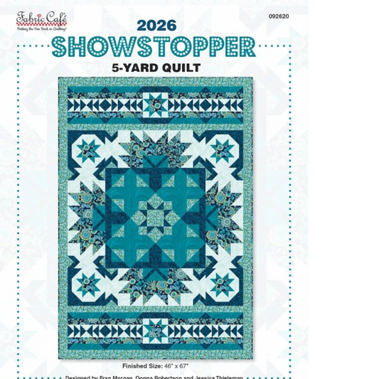 2026 Showstopper 5-Yard Quilt Pattern featuring teal, blue, and white blocks with star and geometric designs.