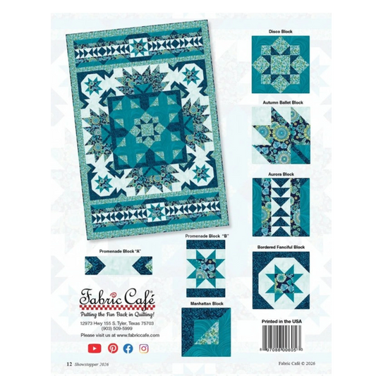 2026 Showstopper 5-Yard Pattern features a sampler-style quilt in teal and white with star and geometric blocks.