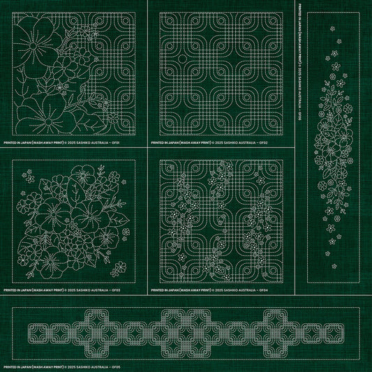 Sashiko Australia Geometric Floral Collection - 6 Designs GREEN , piecing and stitching