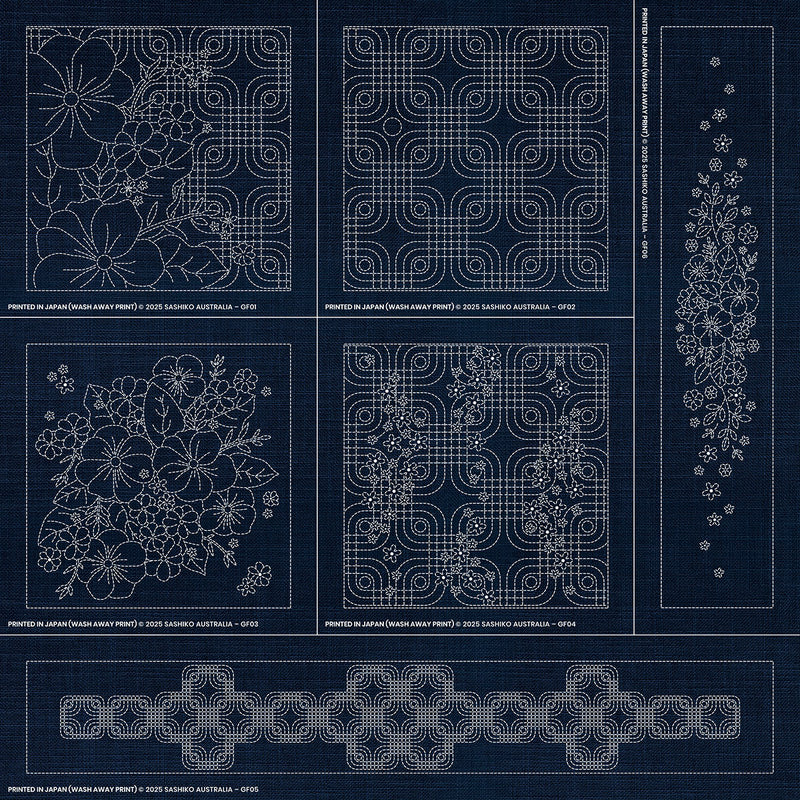 Sashiko Australia Geometric Floral Collection - 6 Designs INDIGO , piecing and stitching