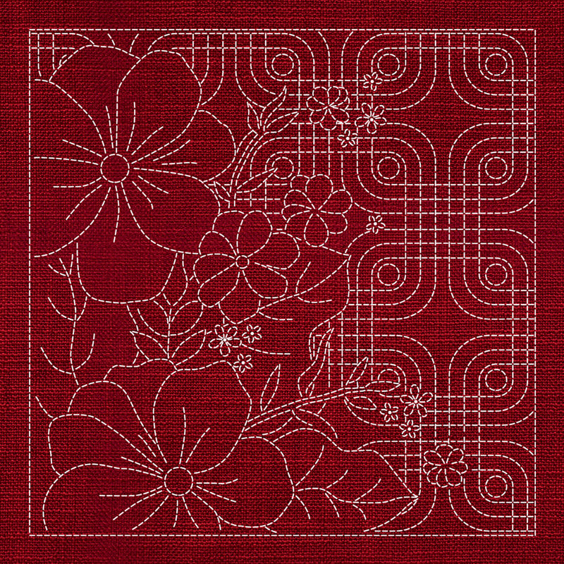 Sashiko Blossoms Geometric - Cherry Red , piecing and stitching