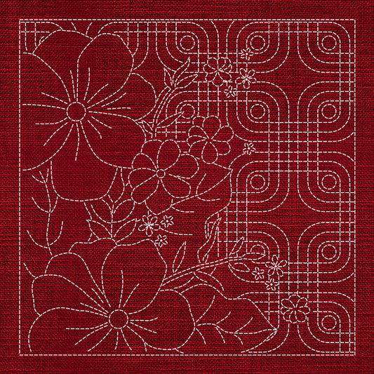 Sashiko Blossoms Geometric - Cherry Red , piecing and stitching