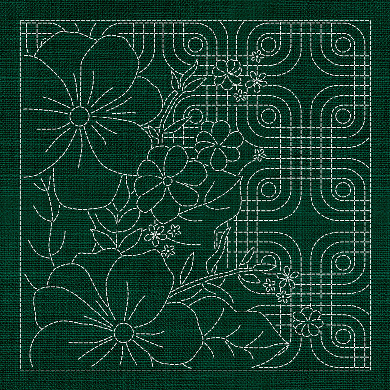 Sashiko Blossoms Geometric - GREEN , piecing and stitching