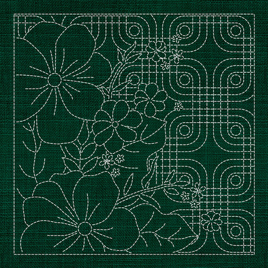 Sashiko Blossoms Geometric - GREEN , piecing and stitching