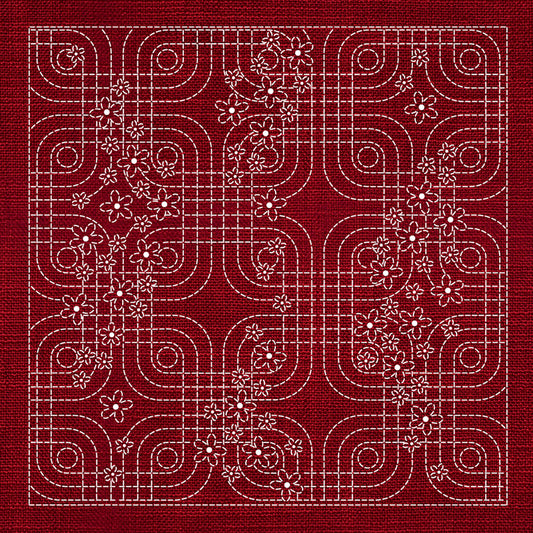 Sashiko Floral Geometric CHERRY RED , piecing and stitching