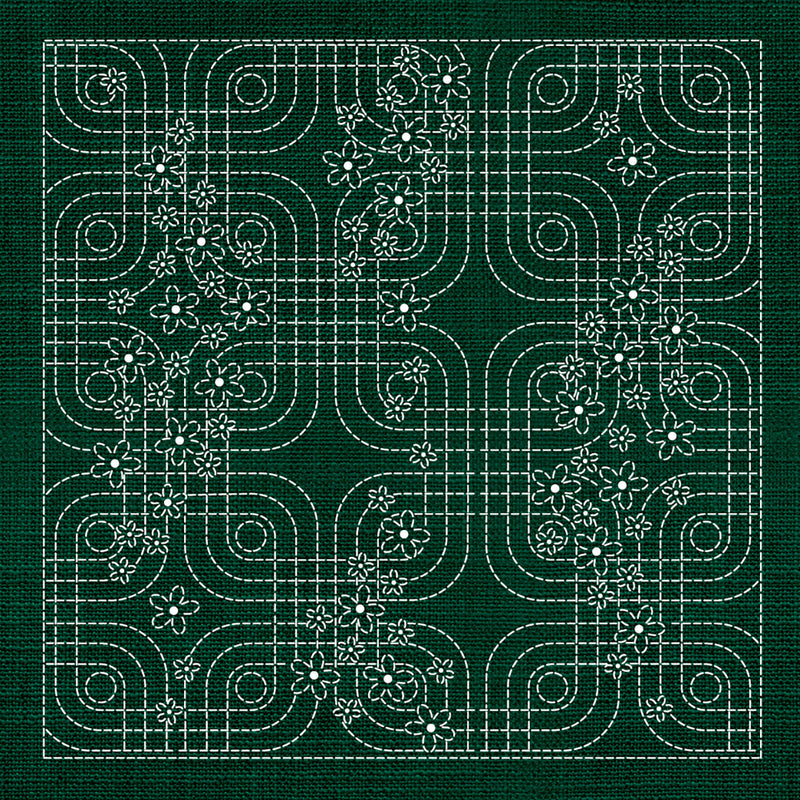 Sashiko Floral Geometric GREEN , piecing and stitching