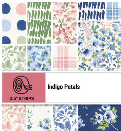 Indigo Petals – 2½″ Strip Roll | 40 Precut Fabric Strips for patchwork, quilting and sewing