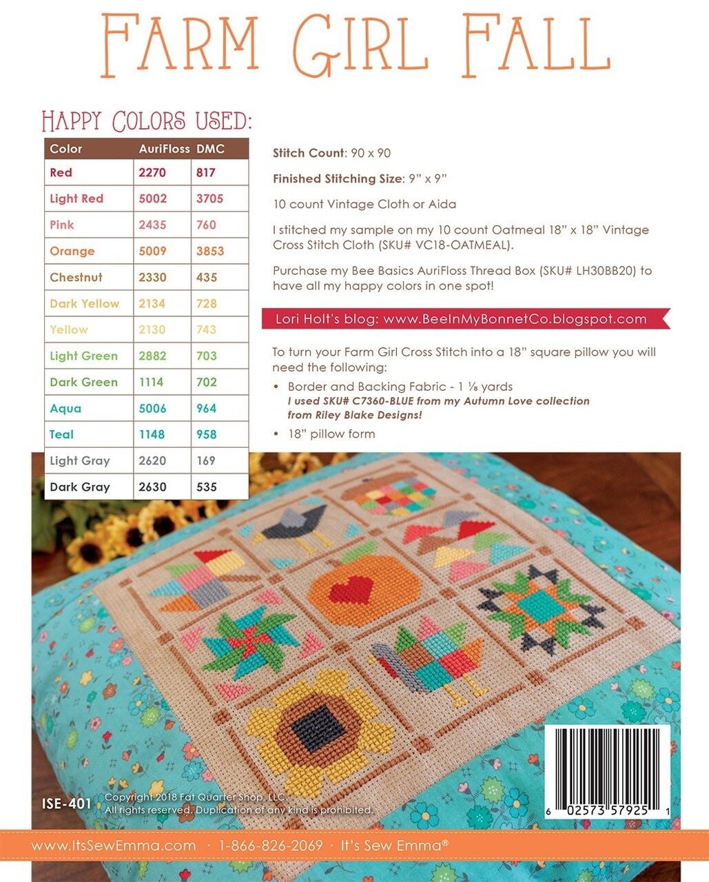 Lori Holt - Farm Girl Fall Cross Stitch Pattern ONLY , quilting and craft projects