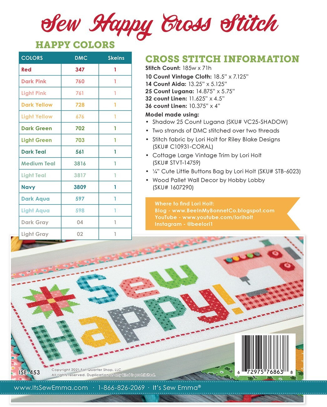 Lori Holt - Sew Happy Cross Stitch Pattern , quilting and craft projects