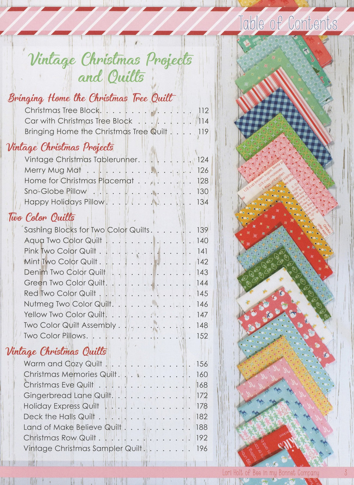 Vintage Christmas by Lori Holt – contents page with quilt and project list