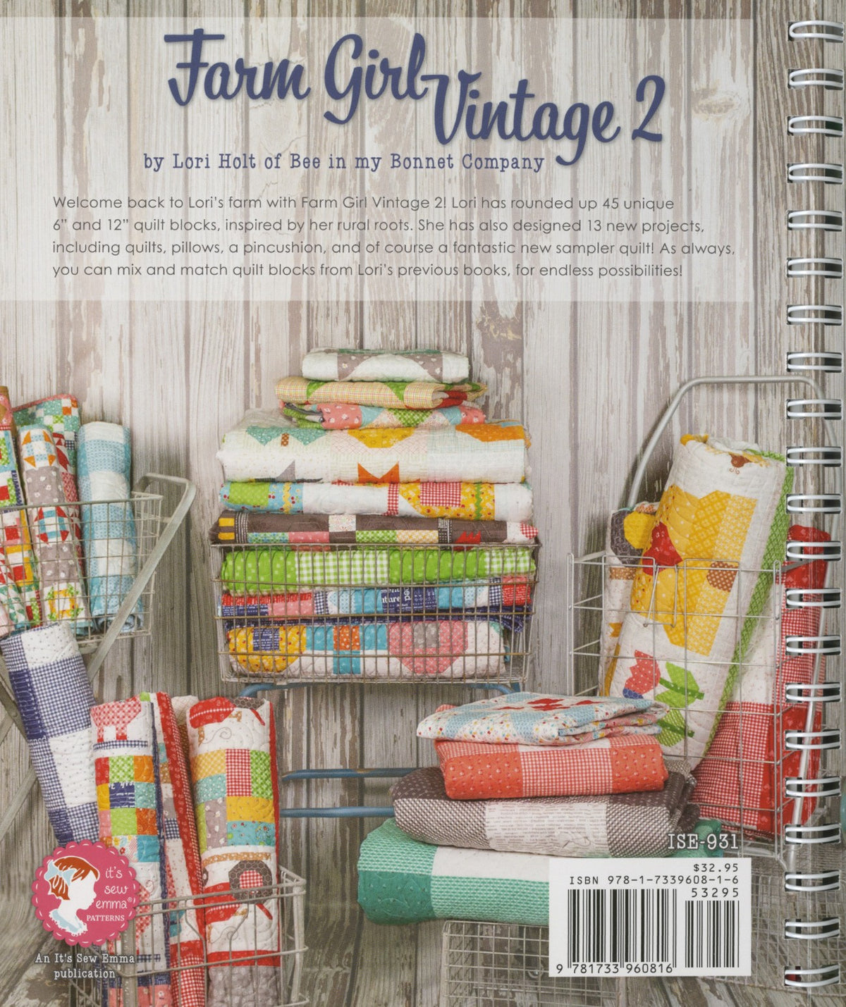 Farm Girl Vintage 2 by Lori Holt – back cover with quilt and cushion project examples
