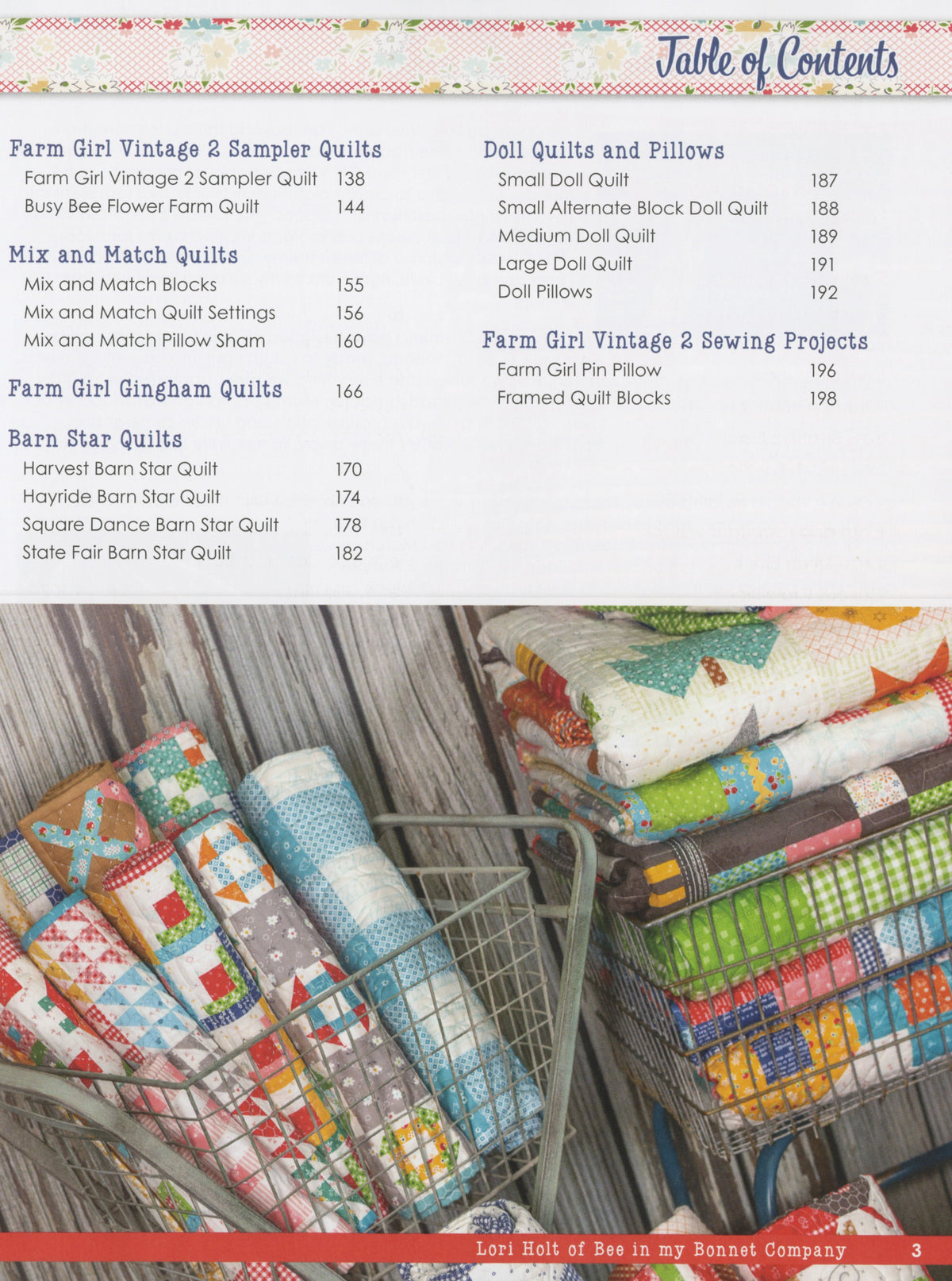 Farm Girl Vintage 2 by Lori Holt – contents page listing the quilt and sewing projects