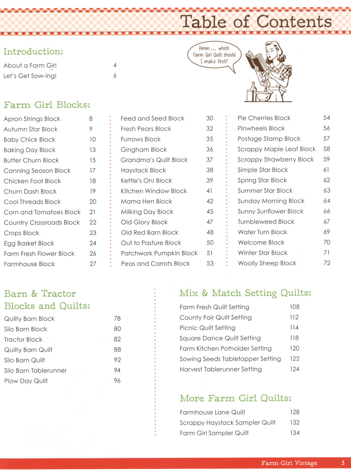 Farm Girl Vintage by Lori Holt – table of contents and included quilt projects