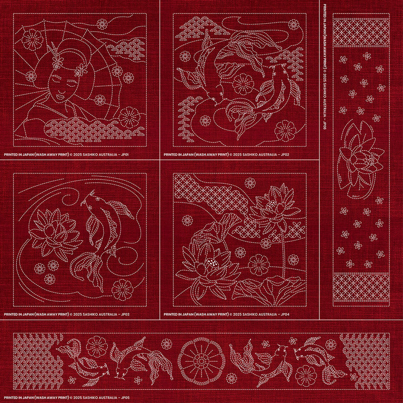 Sashiko Australia Japanese-Inspired Collection - 6 Designs CHERRY RED , piecing and stitching
