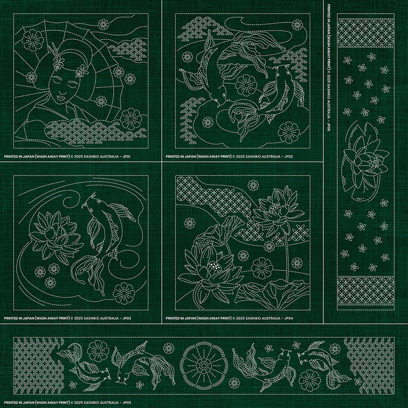 Sashiko Australia Japanese-Inspired Collection - 6 Designs GREEN , piecing and stitching