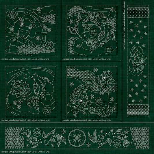 Sashiko Australia Japanese-Inspired Collection - 6 Designs GREEN , piecing and stitching
