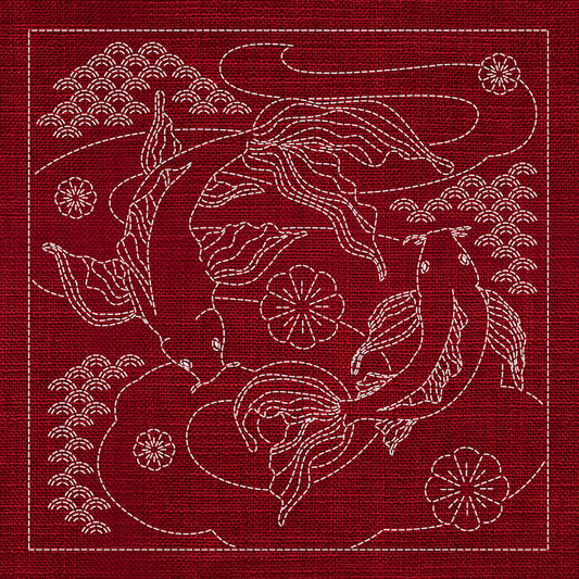 Sashiko Australia Butterfly Koi and Plum Blossom CHERRY RED , piecing and stitching