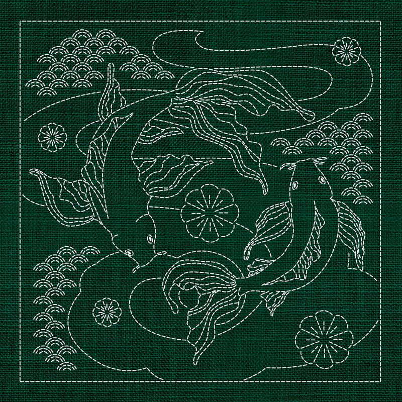Sashiko Australia Butterfly Koi and Plum Blossom GREEN , piecing and stitching
